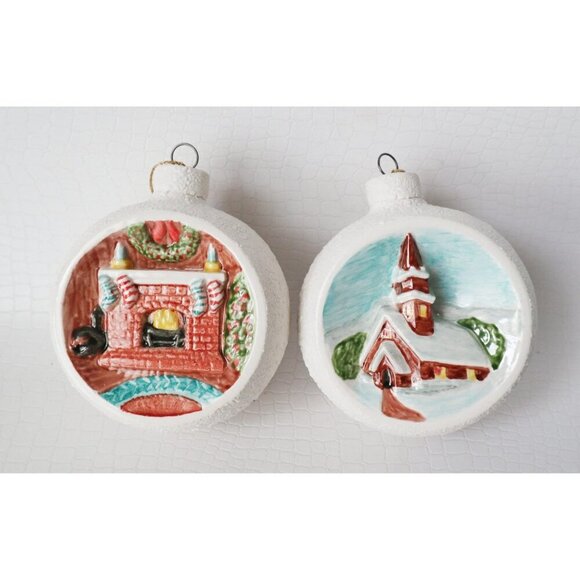 4 Vintage 1978 Porcelain Duncan Enterprises Cabin/Home Scene Christmas Ornaments - Picture 2 of 6